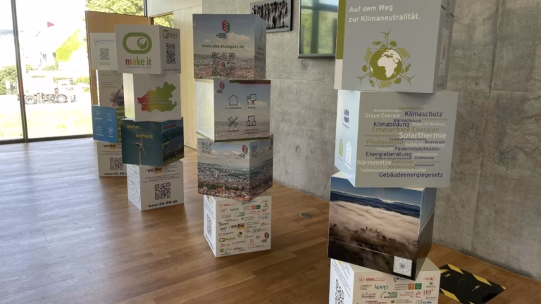 In einem Raum befinden sich vier Stapel aus Papierklötzen. Jeder Stapel repräsentiert ein Thema rund um den Klimawandel.