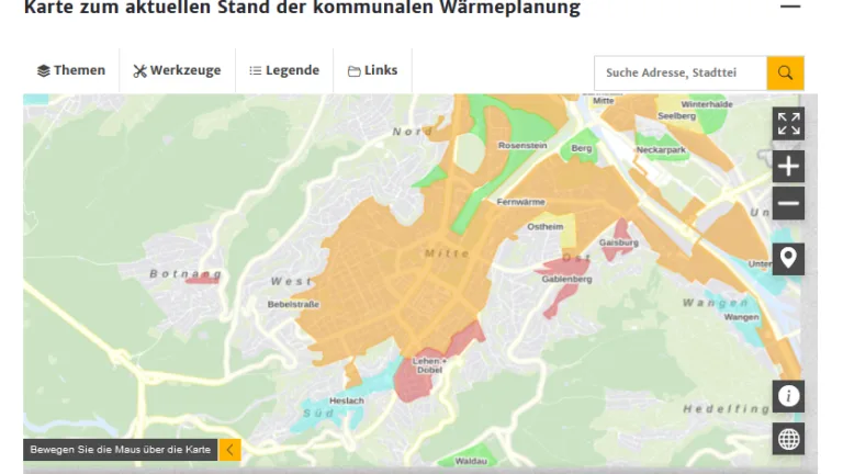 KArte stuttgart zum aktuellen Stand der kommunalen Wärmeplanung. Verschiedene Stadtteile sind in verschiedenen Farben markiert.