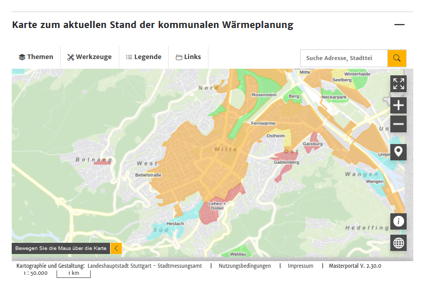 KArte stuttgart zum aktuellen Stand der kommunalen Wärmeplanung. Verschiedene Stadtteile sind in verschiedenen Farben markiert.