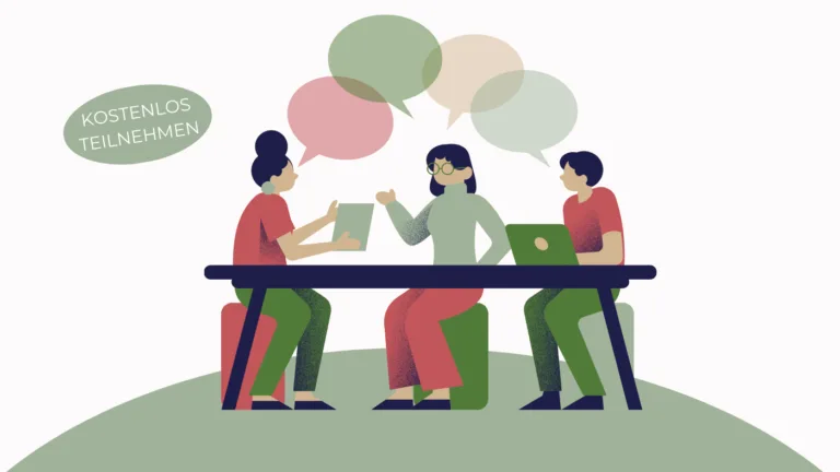Animiertes Bild mit einem Schreibtisch in der Mitte, an dem drei Personen sitzen und miteinander sprechen: eine Frau in der Mitte, rechts ein Mann mit Laptop und links eine Frau mit Laptop.