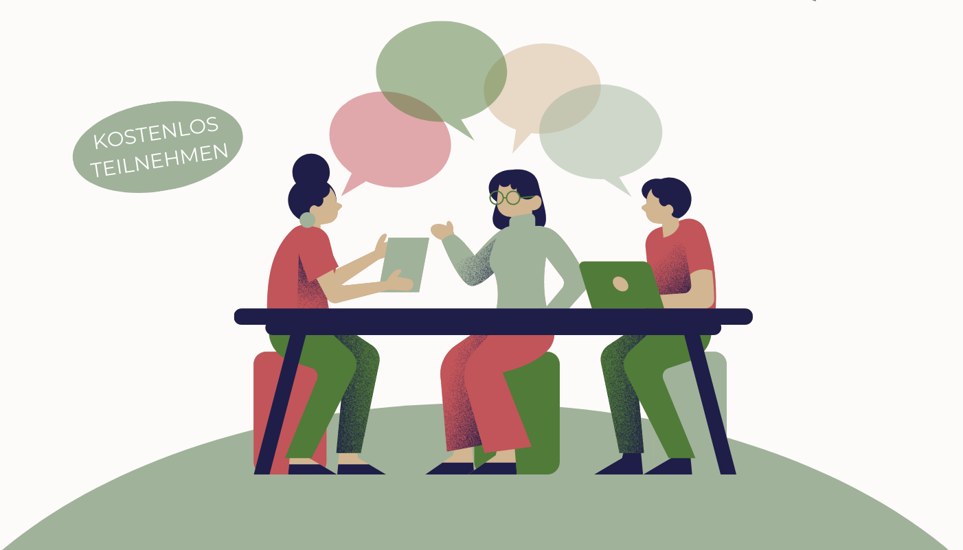 Animiertes Bild mit einem Schreibtisch in der Mitte, an dem drei Personen sitzen und miteinander sprechen: eine Frau in der Mitte, rechts ein Mann mit Laptop und links eine Frau mit Laptop.