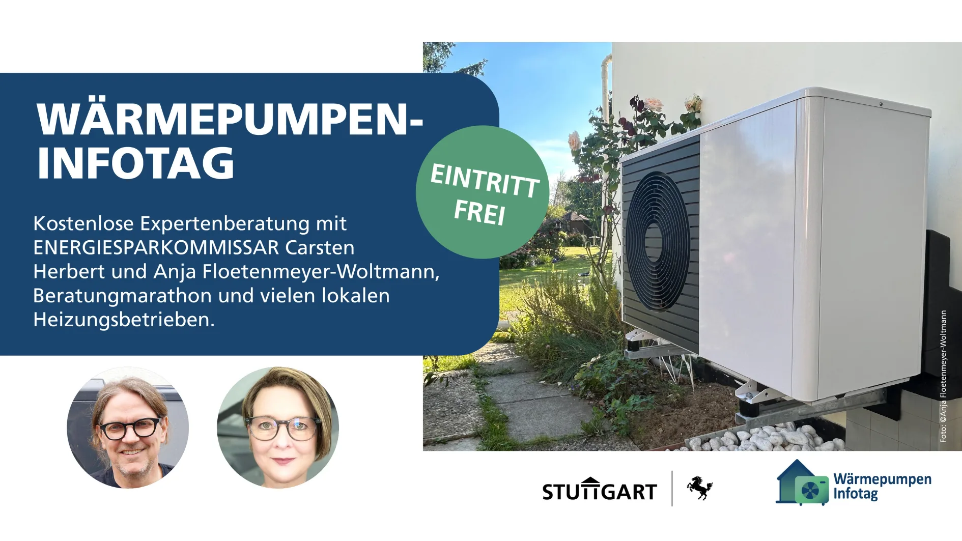 Eine Wärmepumpe steht vor einem Haus. Auf dem Bild steht "Wärmepumpen-Infotag".