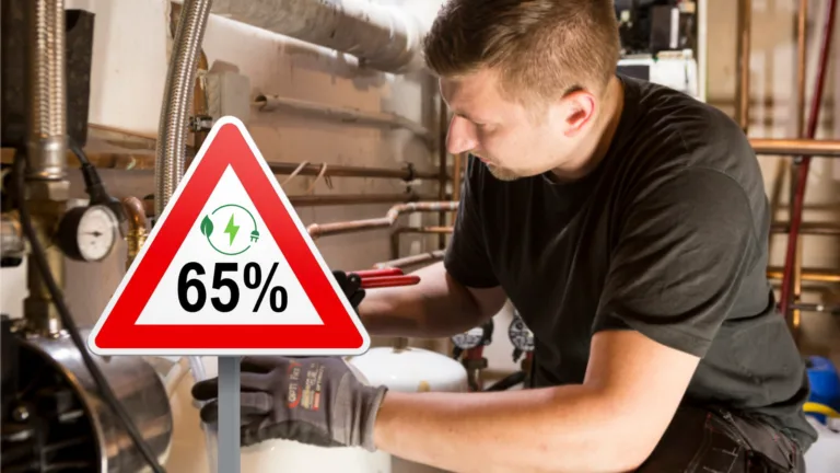 Ein Mann arbeitet an einer Heizung im Heizungskeller. Auf dem Bild ist ein dreieckiges Schild eingefügt auf dem 65 % steht.
