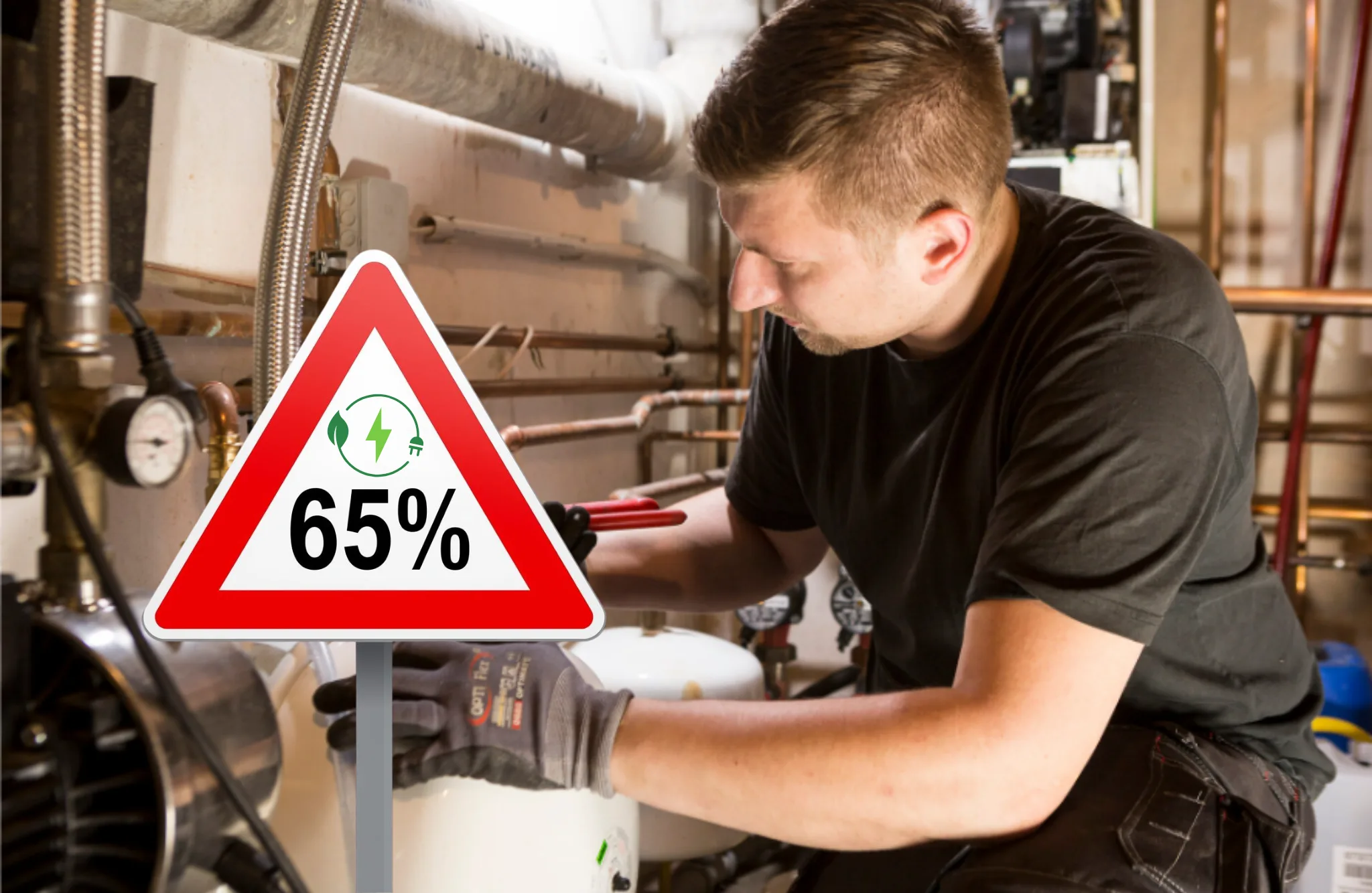 Ein Mann arbeitet an einer Heizung im Heizungskeller. Auf dem Bild ist ein dreieckiges Schild eingefügt auf dem 65 % steht.